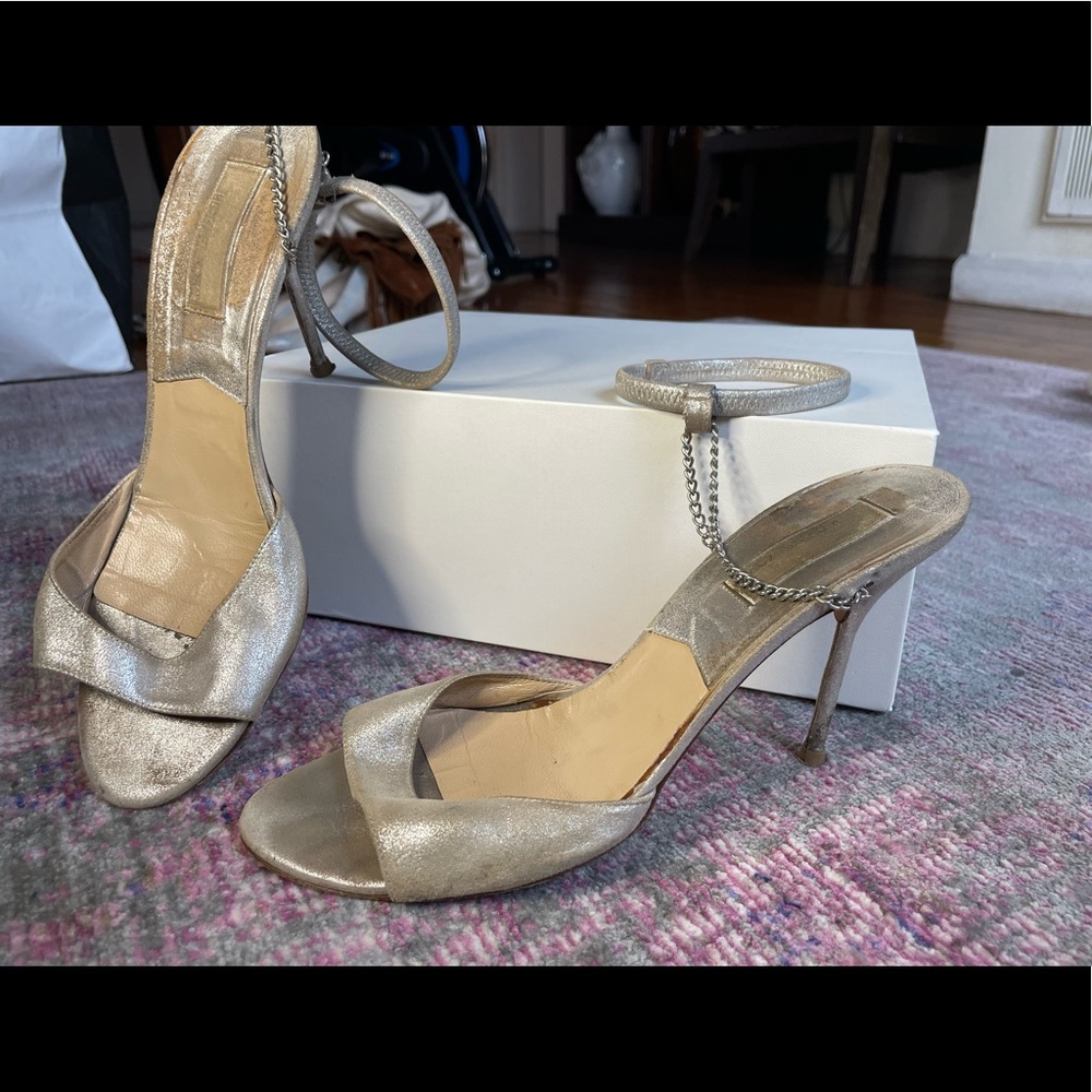 Micheal Kors, silver leather strappy heels, with chain